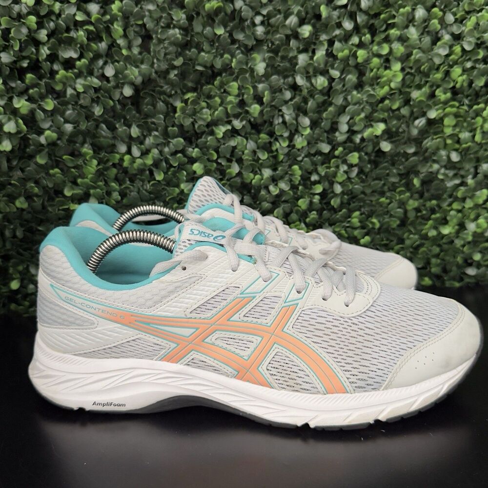 USED ASICS Gel-Contend 6 Women's Running Shoes Size 11.5 Wide White Teal OBO